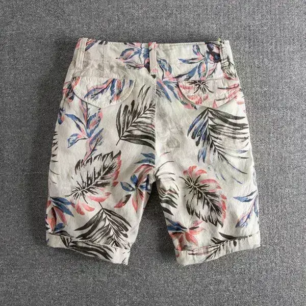 B25 personality leaves printed water wash comfortable linen casual pants foreign trade original single men's shorts