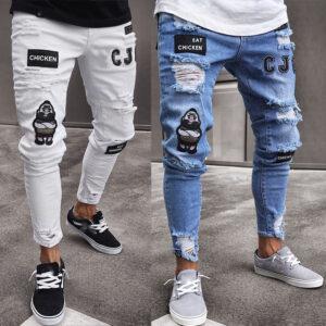 Foreign trade fast-selling European and American men's skinny jeans patch embroidered hole locomotive pants