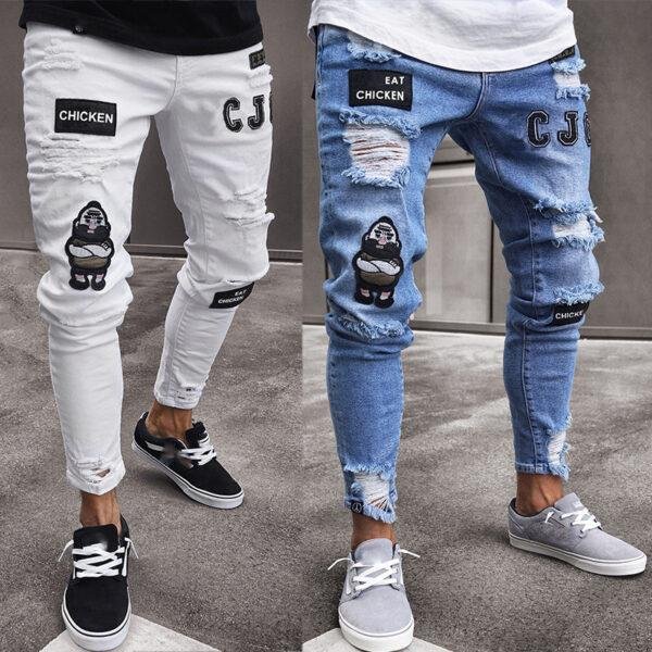 Foreign trade fast-selling European and American men's skinny jeans patch embroidered hole locomotive pants