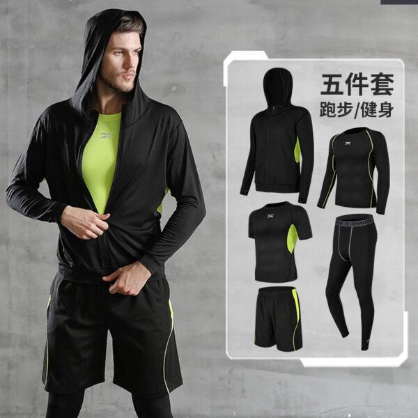 Fitness clothes men's tights gym morning running fast dry basketball sports kit training clothing summer five-piece set