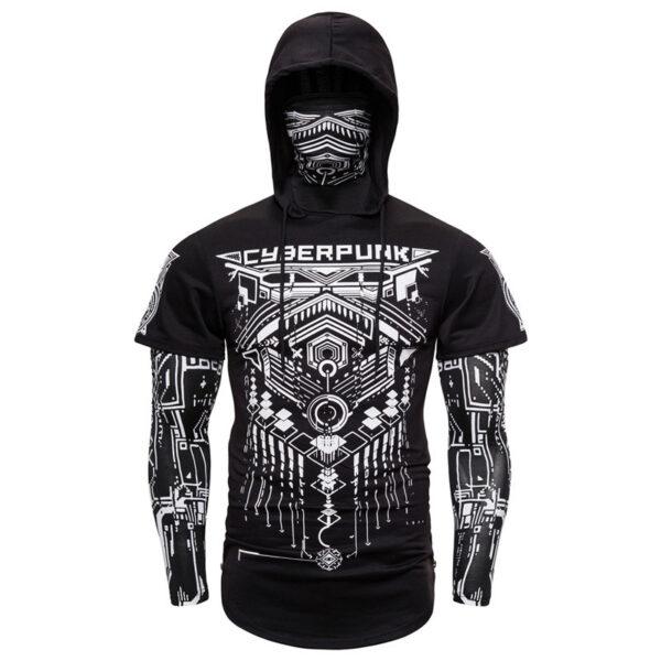 European elastic fitness men fake two-piece Cyberpunk ninja dress hoodie T-shirt face mask riding