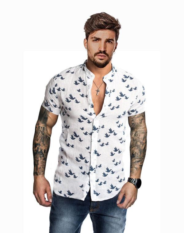 men's casual short-sleeved shirt 3D printed linen collar European and American shirt men's cotton linen