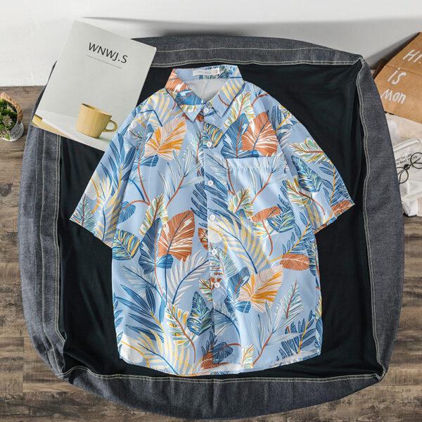 summer new Korean wind net red ins tide card print shirt loose trend couple beach travel shirt