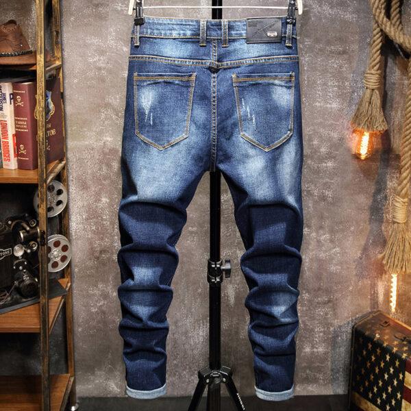 European station autumn and winter new men's trend jeans small foot slim waist elastic casual men's blue denim trousers