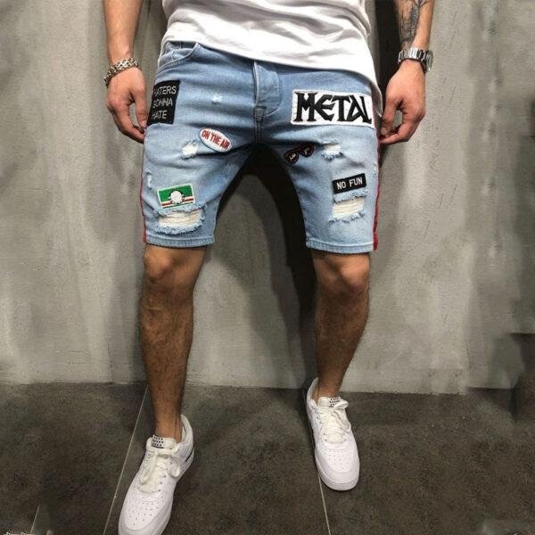Foreign trade summer explosion men's fashion denim hole embroidered label shorts Europe and the United States loose straight jeans