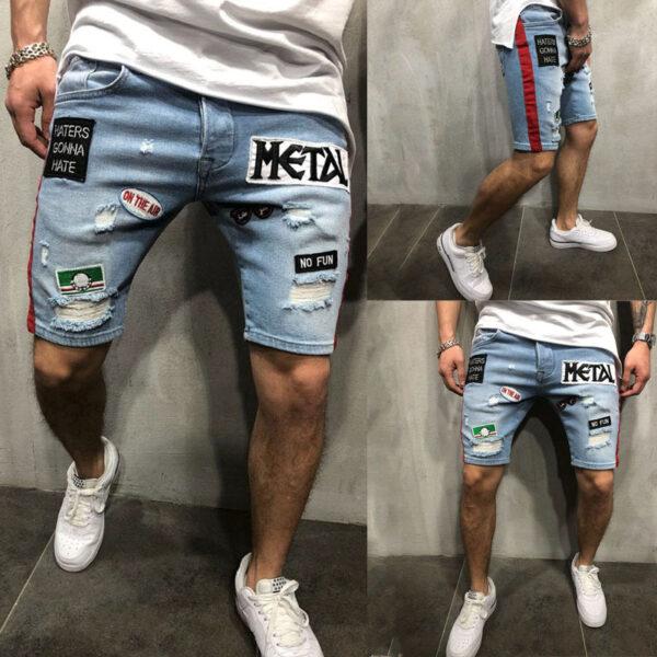 Foreign trade summer explosion men's fashion denim hole embroidered label shorts Europe and the United States loose straight jeans
