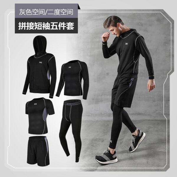 Fitness clothes men's tights gym morning running fast dry basketball sports kit training clothing summer five-piece set