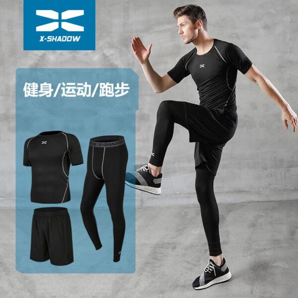 Fitness clothes men's tights gym morning running fast dry basketball sports kit training clothing summer five-piece set