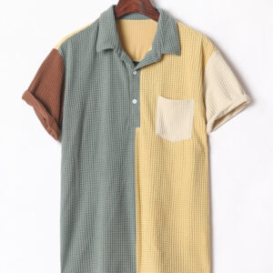 men's top short-sleeved stitched open chest shirt