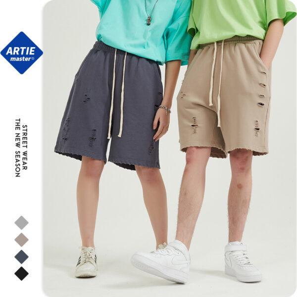 ARTIE men's | hand-cut hole 350g wash shorts men's loose tide card over knee hair ring five-point shorts